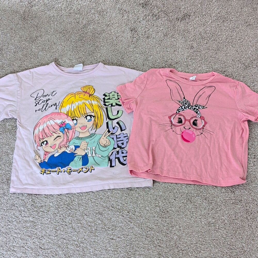 ZARA & SHEIN Girls Size 10-12 Pink Crew Neck Graphic Print Anime/Bunny Tees